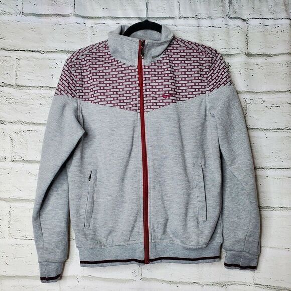 Nike Fit Dry Gray Maroon Printed Full Zip Up Collared Cotton Jacket Womens Large - Picture 1 of 9